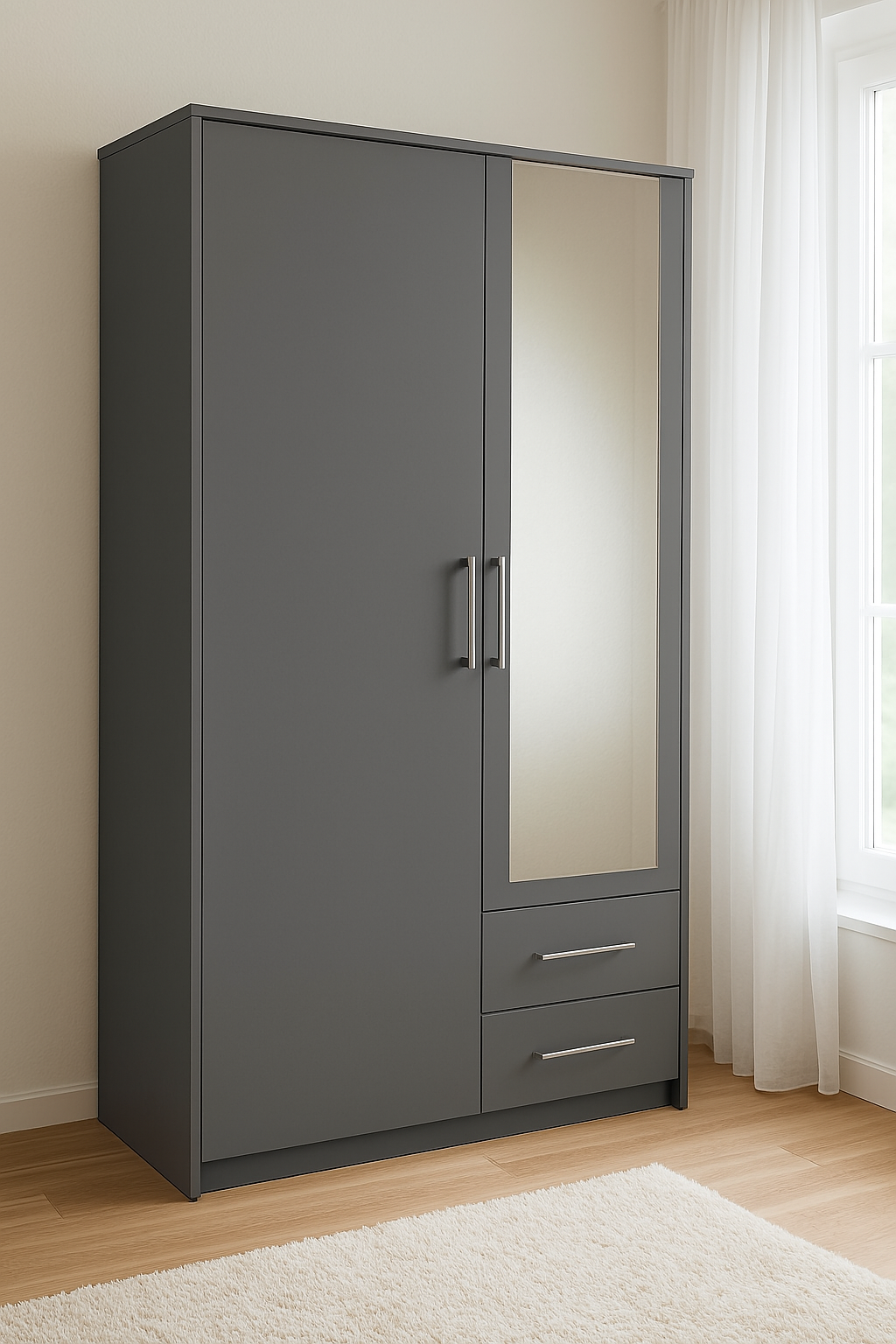 Armoire 2 Portes battantes avec miroir et 2 Tiroirs