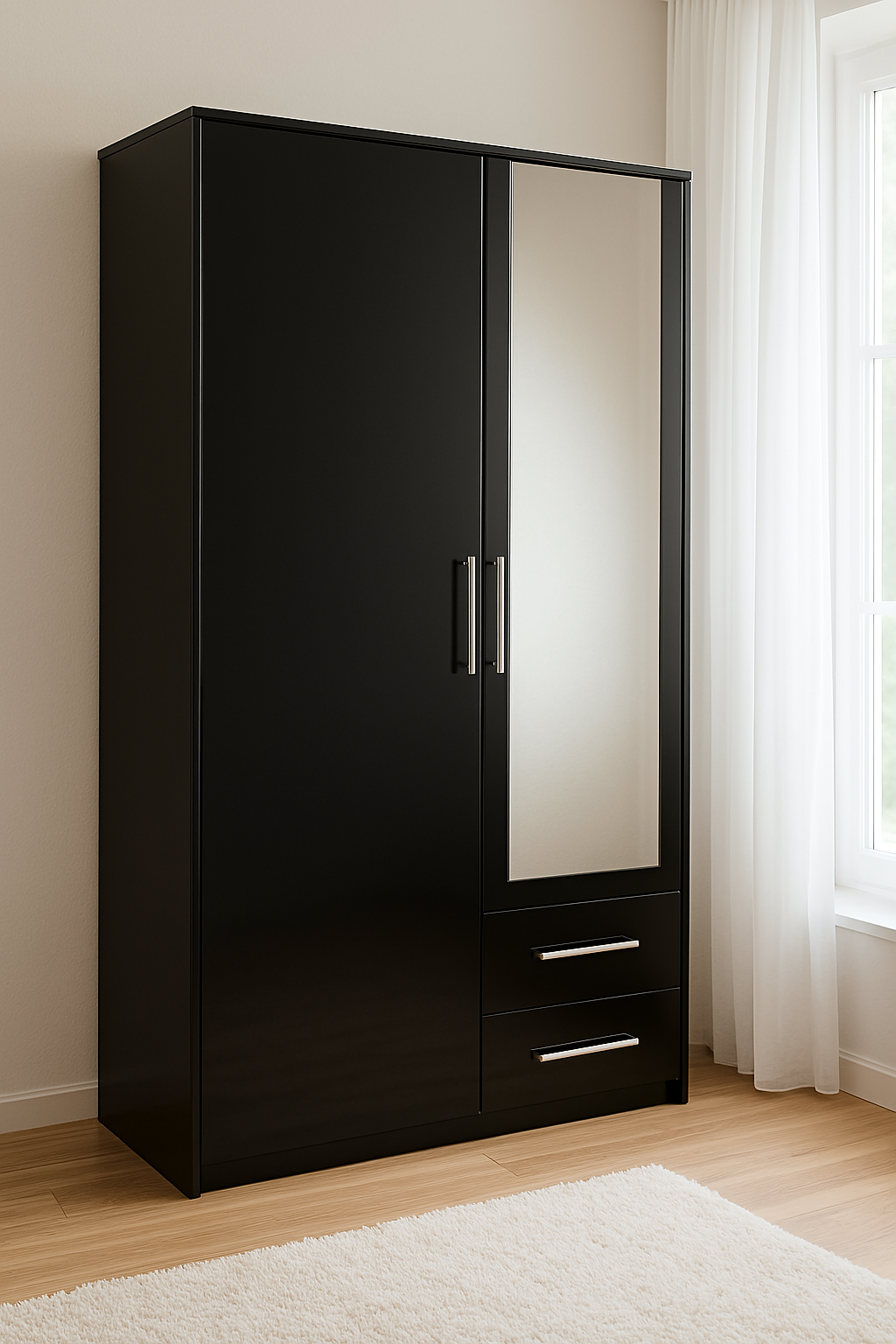 Armoire 2 Portes battantes avec miroir et 2 Tiroirs