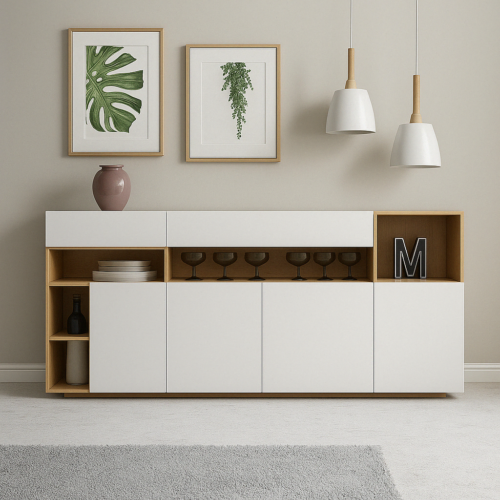 Buffet moderne avec étagères ouvertes et fermées