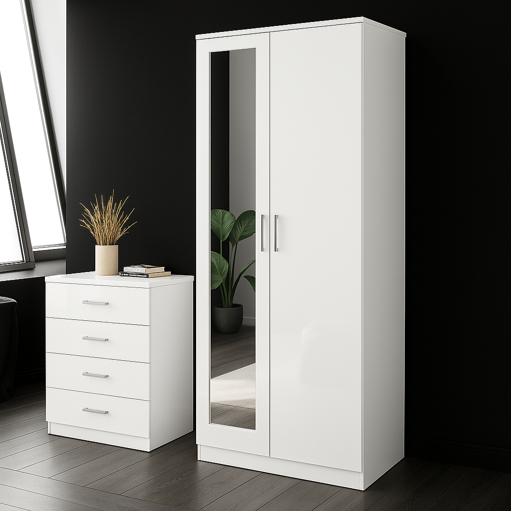 Armoire 2 Portes avec Miroir et Commode 4 tiroirs