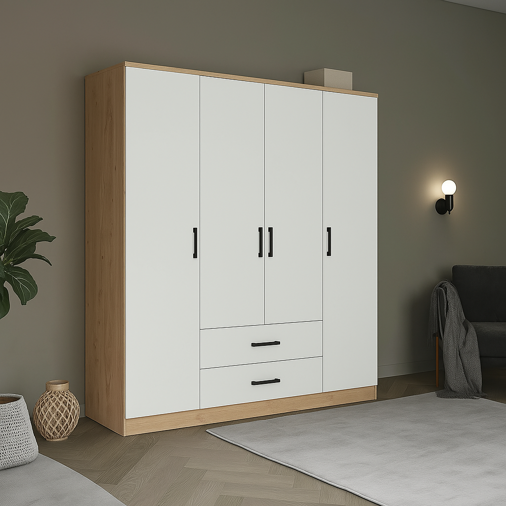 Armoire 4 portes 2 tiroirs élégante et fonctionnelle