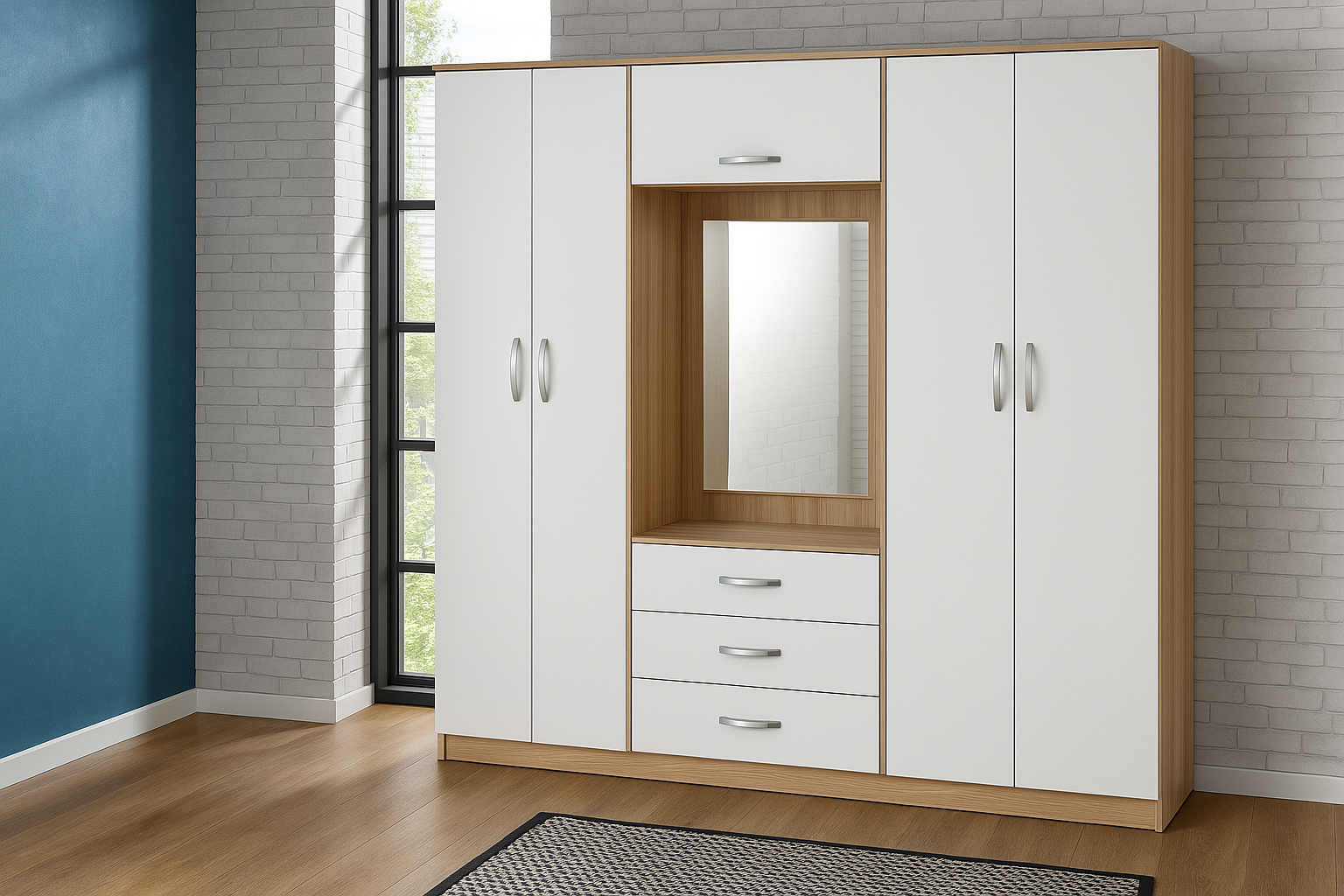 Armoire 4 Portes avec3 tiroirs et miroir intégrés