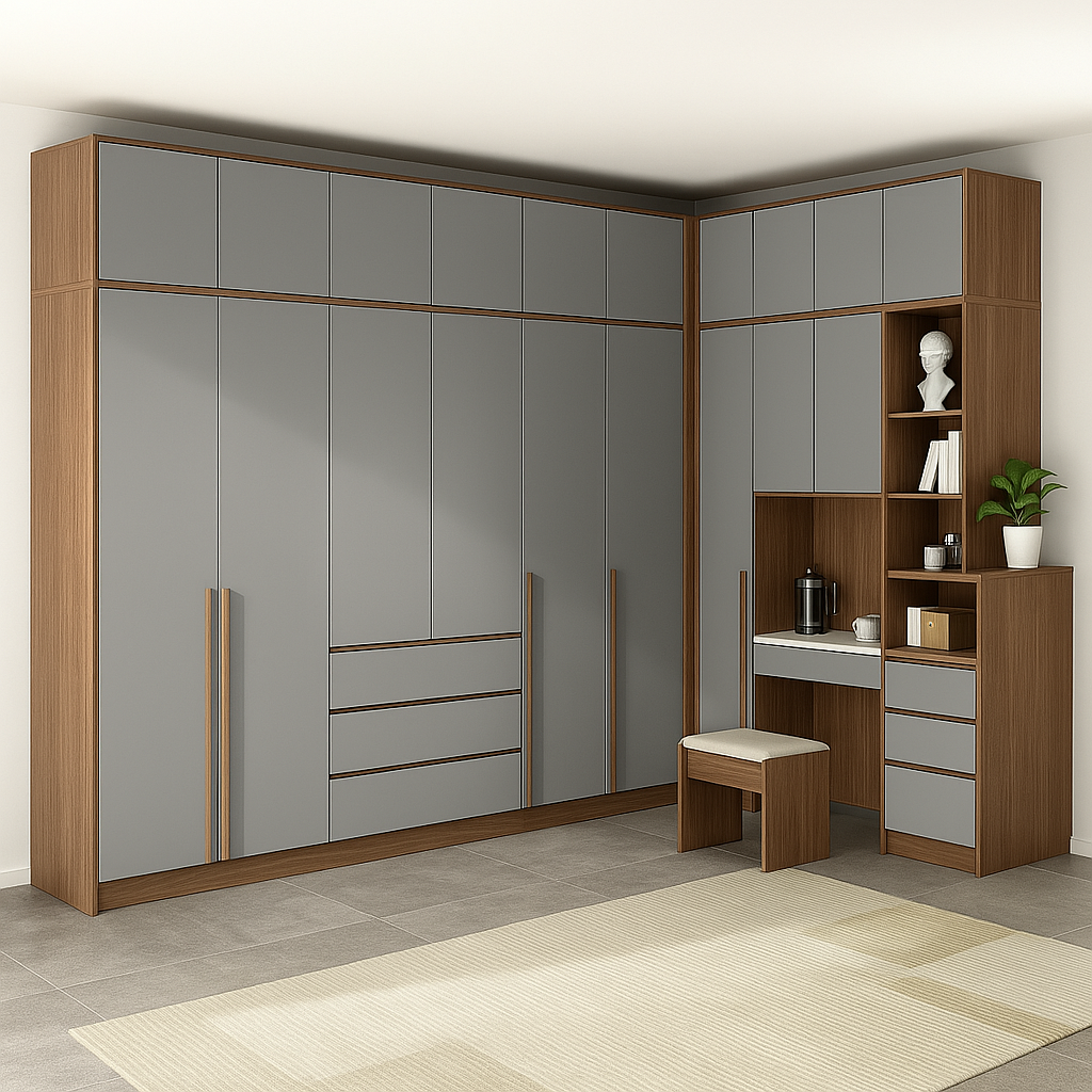 Armoire d'angle sur mesure élégante et fonctionnelle avec coiffeuse intégrée
