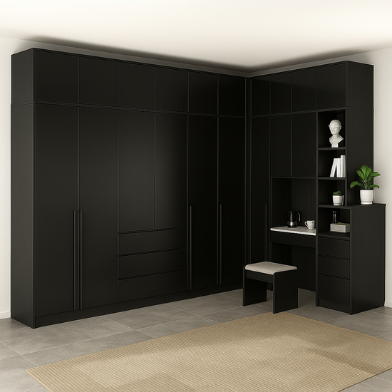 Armoire d'angle sur mesure élégante et fonctionnelle avec coiffeuse intégrée