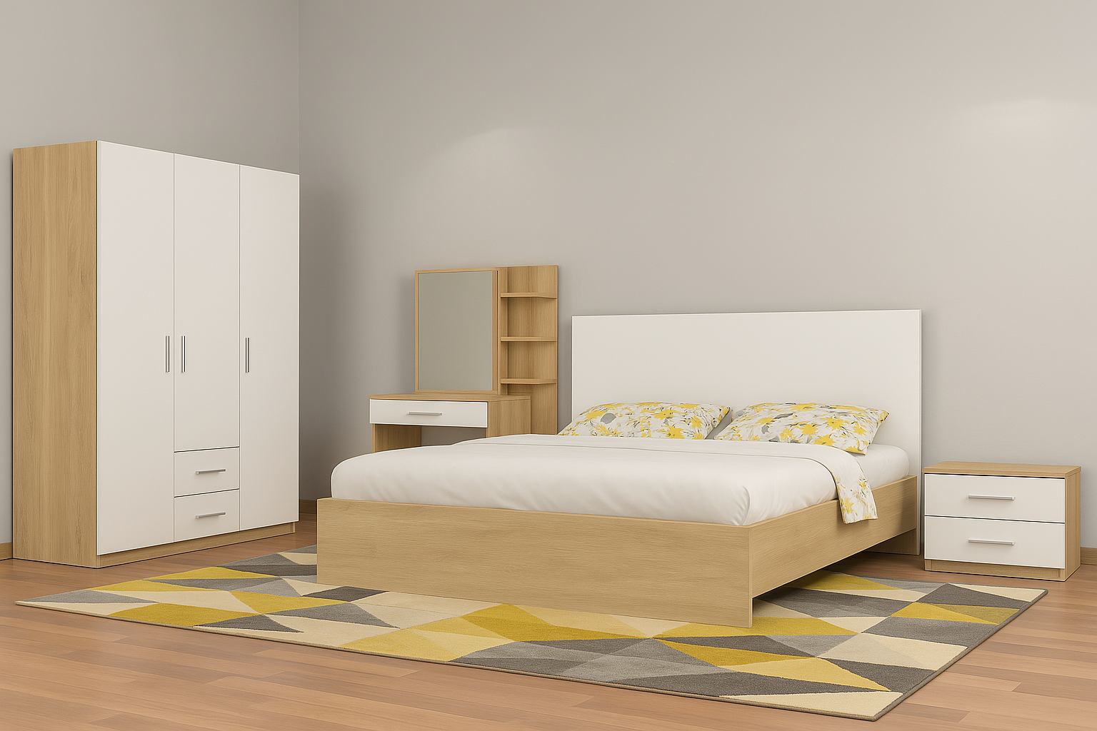 chambre à coucher basique avec table coiffeuse ou bureau