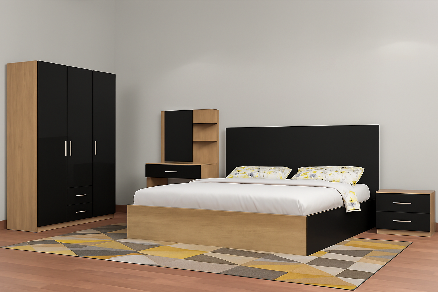 chambre à coucher basique avec table coiffeuse ou bureau