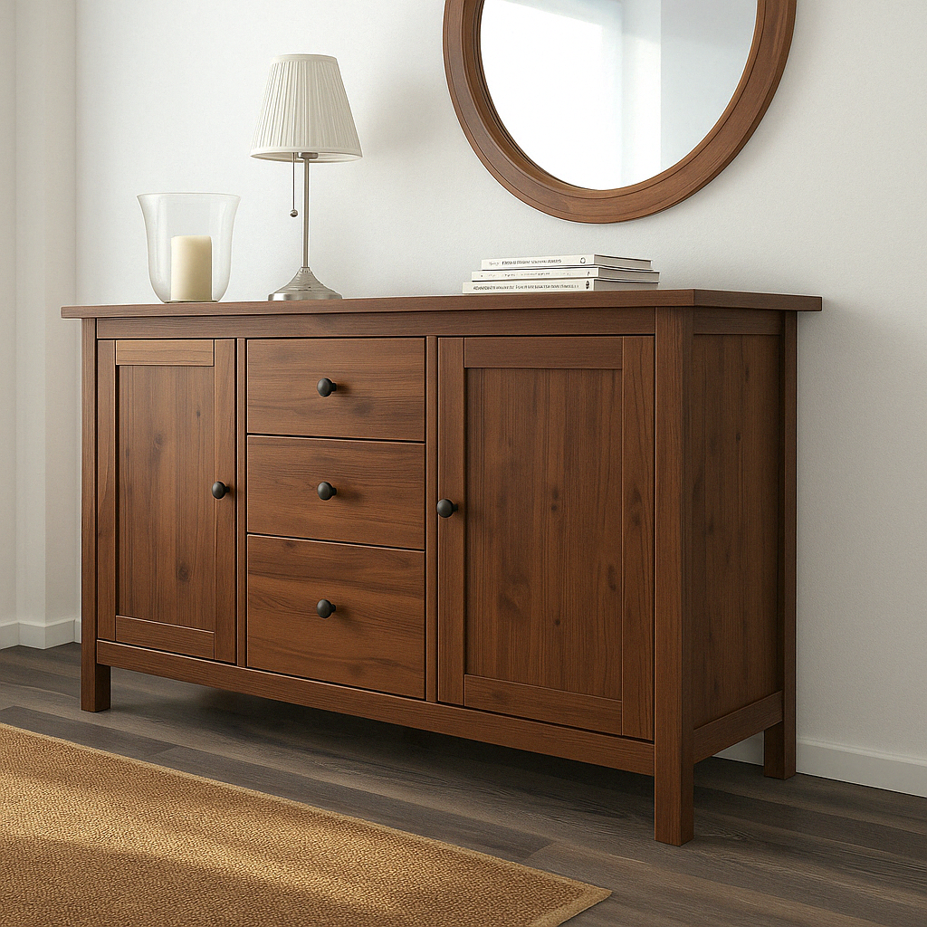 Buffet en bois naturel avec trois tiroirs et deux portes