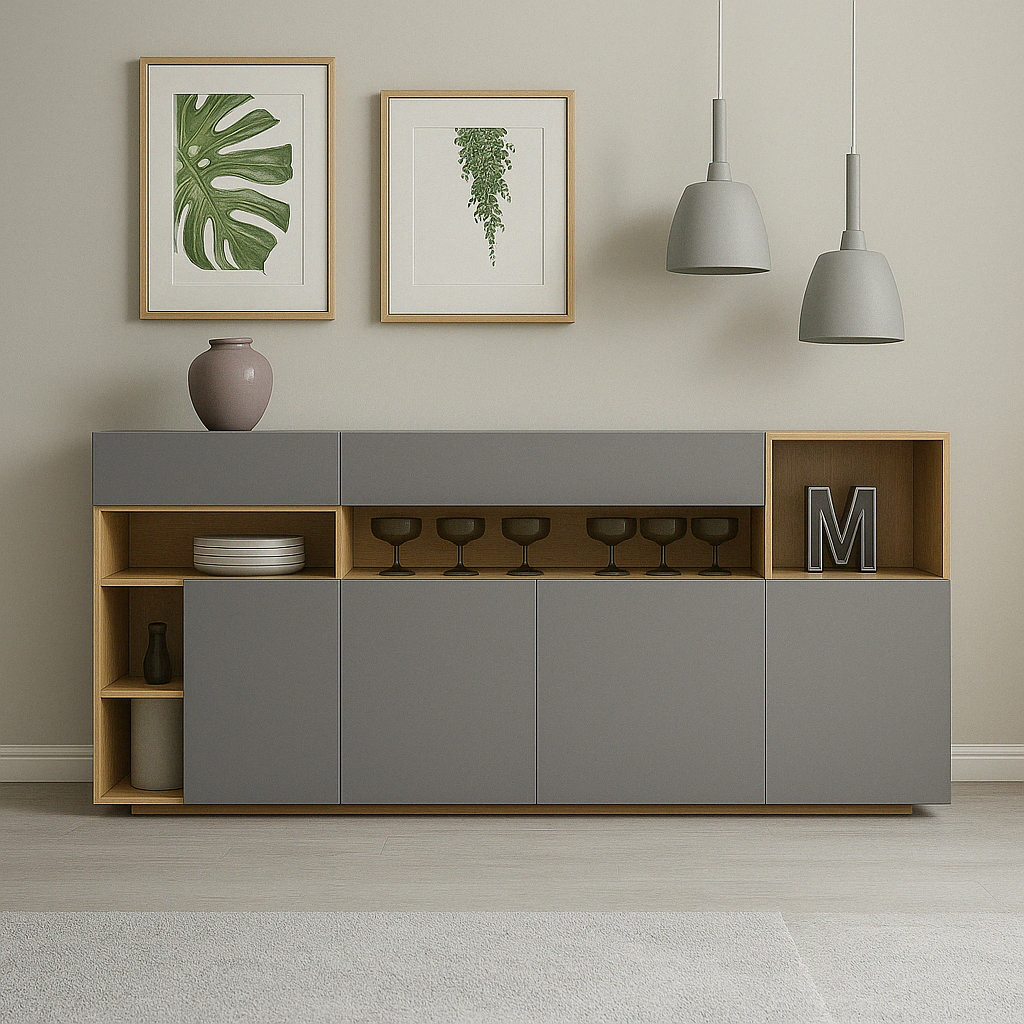 Buffet moderne avec étagères ouvertes et fermées