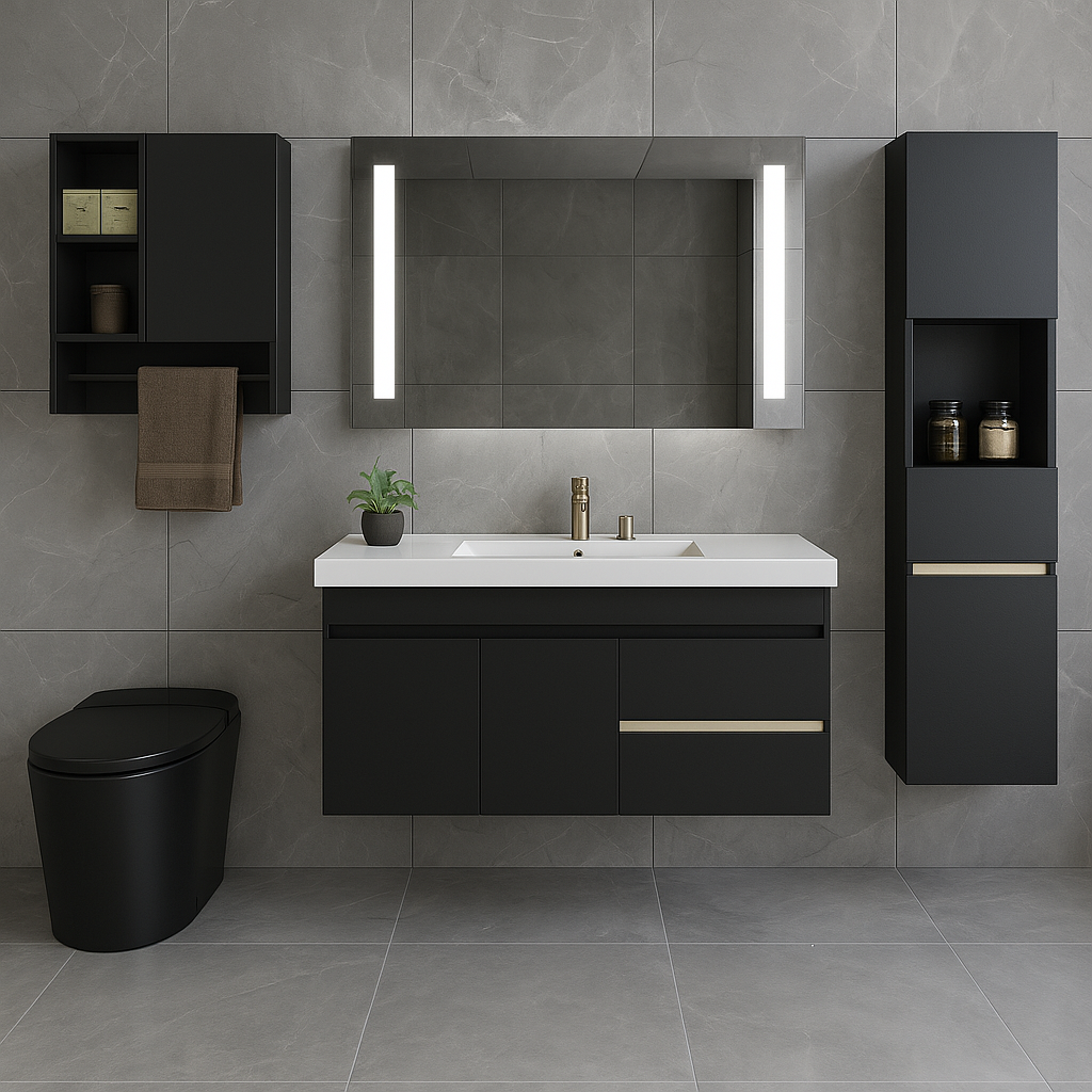 Ensemble Meuble Vasque Miroir colonne Haute et armoire de rangement