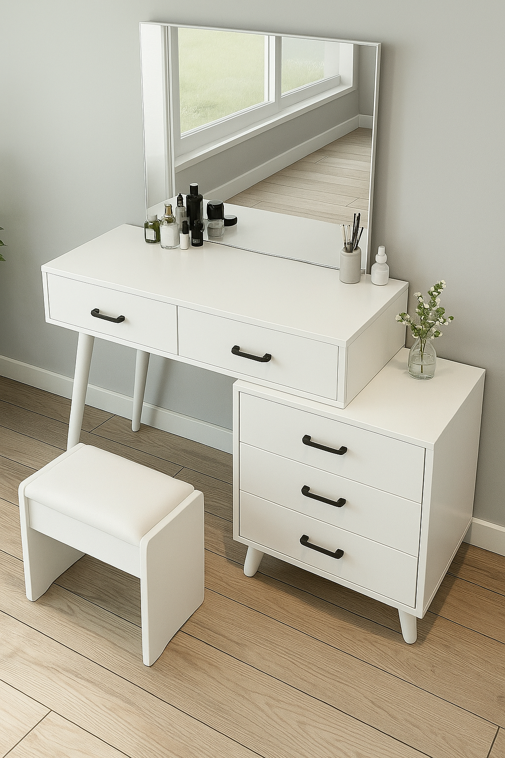 Coiffeuse avec banc et miroir