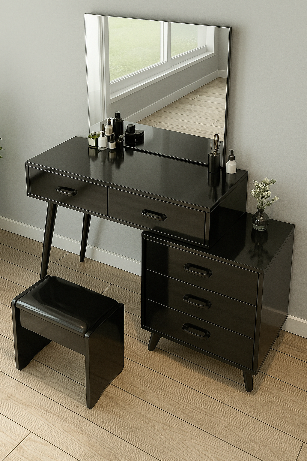 Coiffeuse avec banc et miroir