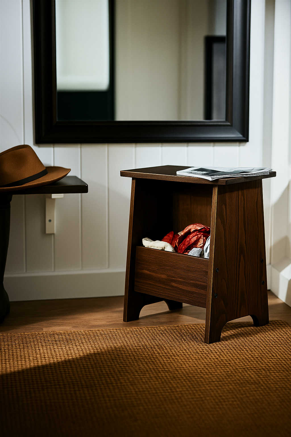 Tabouret en bois avec rangement intégré