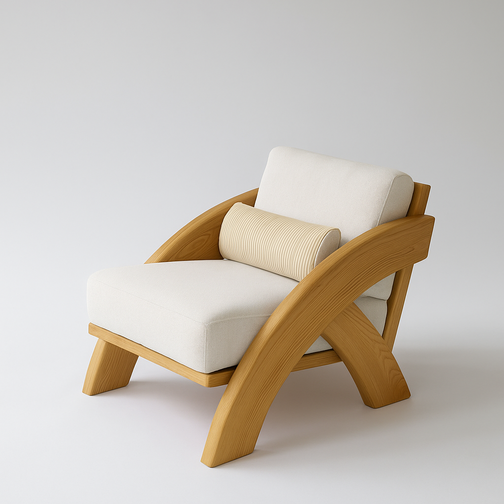 Fauteuil design en bois avec coussins blancs