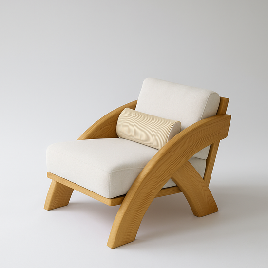 Fauteuil design en bois avec coussins blancs