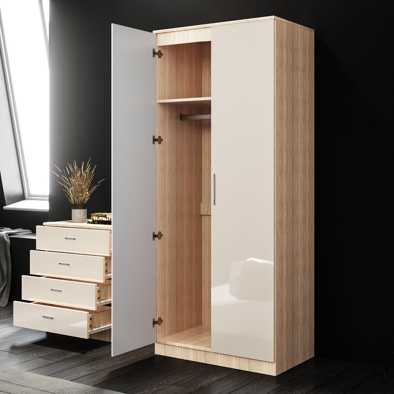 Armoire 2 Portes avec Miroir et Commode 4 tiroirs