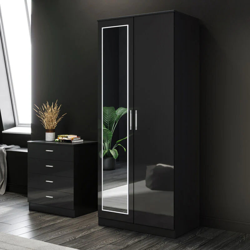Armoire 2 Portes avec Miroir et Commode 4 tiroirs