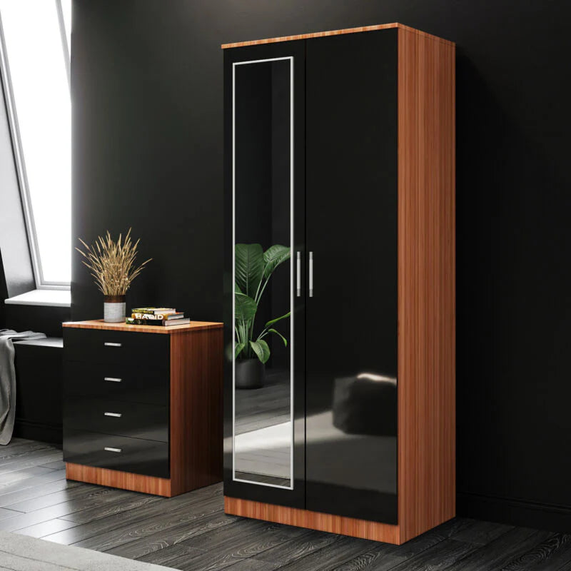 Armoire 2 Portes avec Miroir et Commode 4 tiroirs