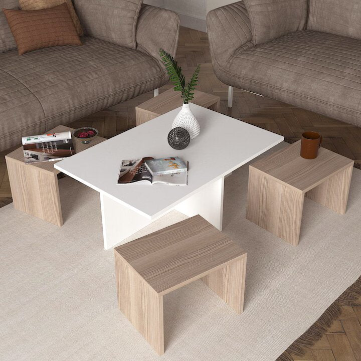 Table basse moderne avec tabourets intégrés